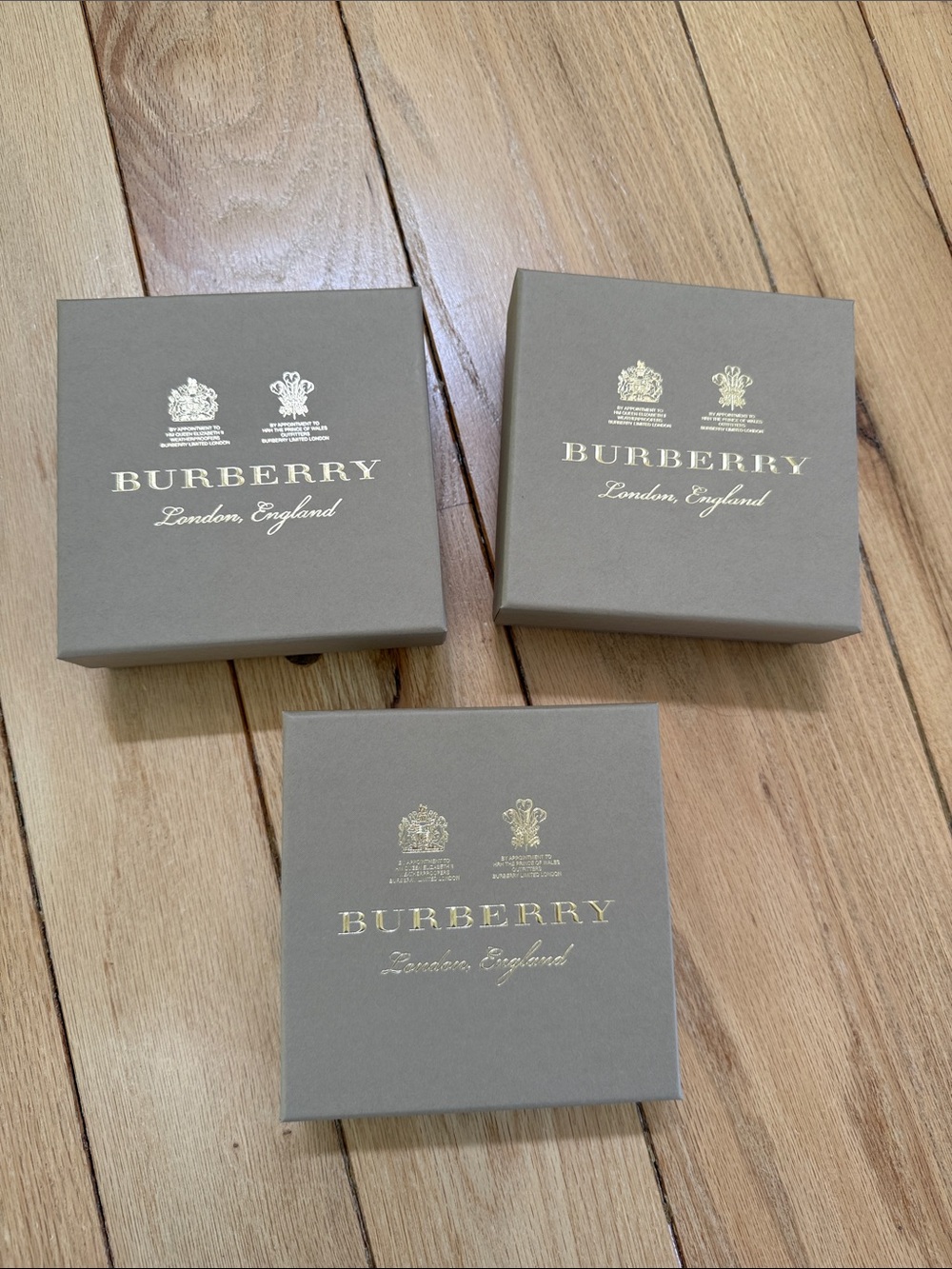 3 Burberry Boxes in Taupe with Gold Logo 6”x6”x2.25”